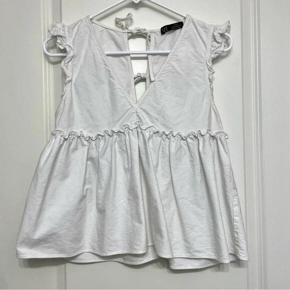Zara Trf White Babydoll Plunge V-Neck Tiered Sleeveless Top - Picture 2 of 5